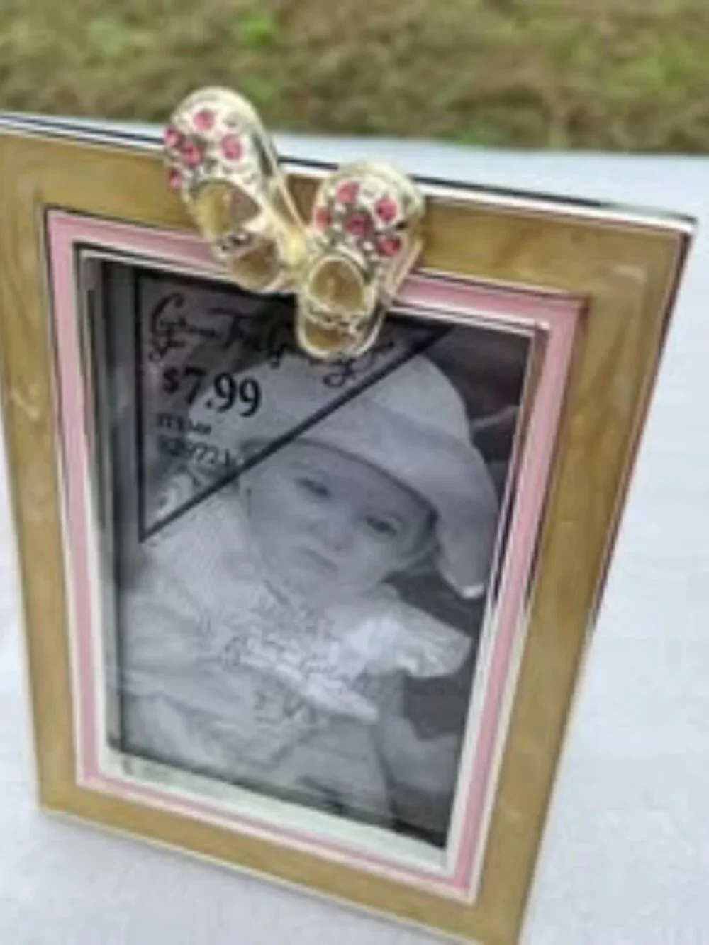 Vintage Green Tree Gallery Baby’s Room Pink Rhinestone Baby Shoes Picture Frame